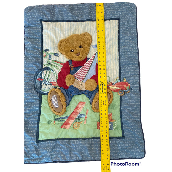 BJT Blue Jean Teddy Bear Overalls Boy Bike Boat Plane Plush Baby Blanket Vtg - Picture 4 of 5